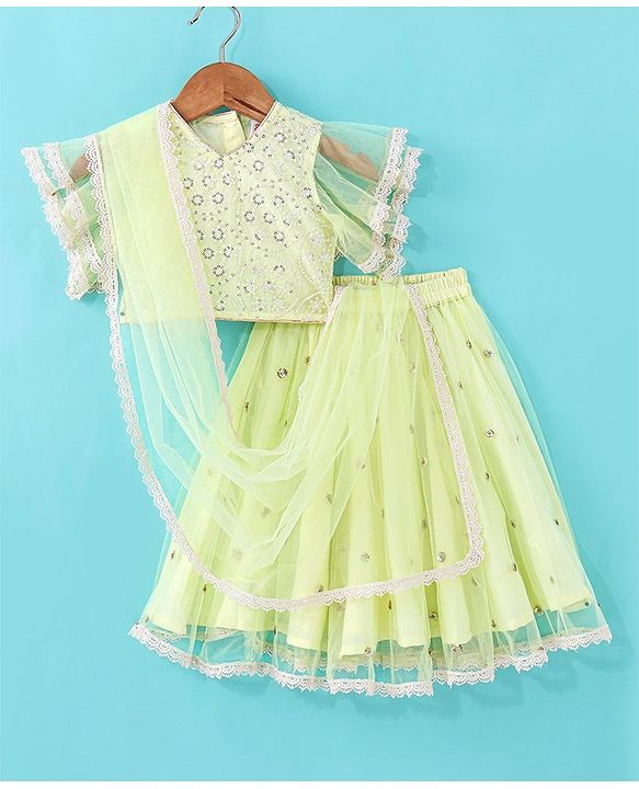 Babyhug Woven Half Sleeves Embroidered Net Choli Lehenga & Dupatta - Lime Yellow