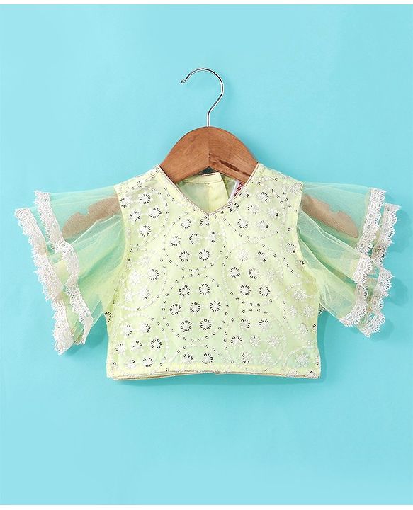 Babyhug Woven Half Sleeves Embroidered Net Choli Lehenga & Dupatta - Lime Yellow