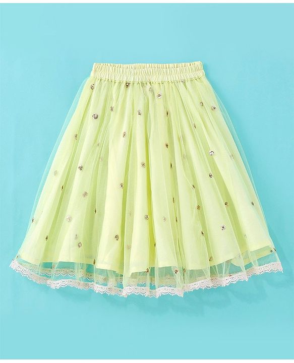 Babyhug Woven Half Sleeves Embroidered Net Choli Lehenga & Dupatta - Lime Yellow