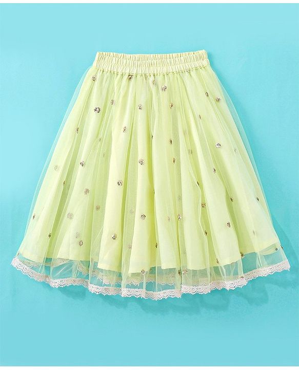 Babyhug Woven Half Sleeves Embroidered Net Choli Lehenga & Dupatta - Lime Yellow