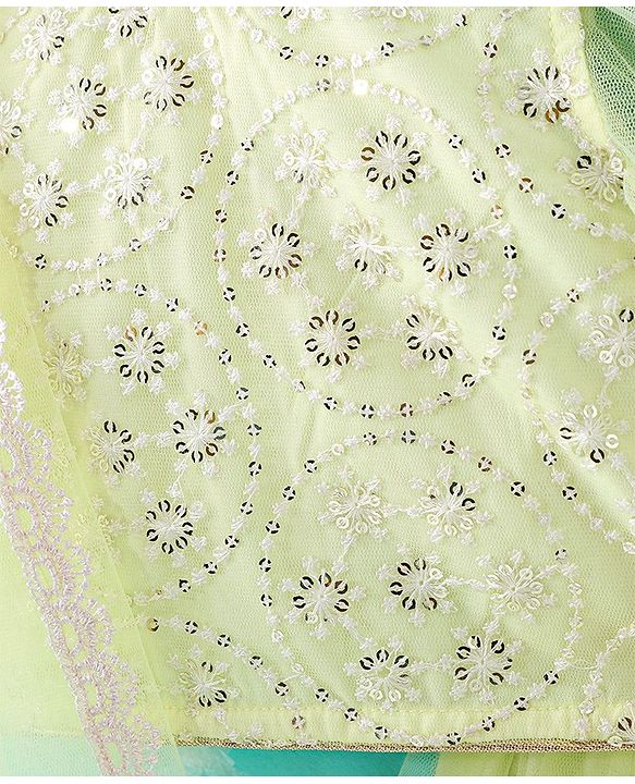 Babyhug Woven Half Sleeves Embroidered Net Choli Lehenga & Dupatta - Lime Yellow