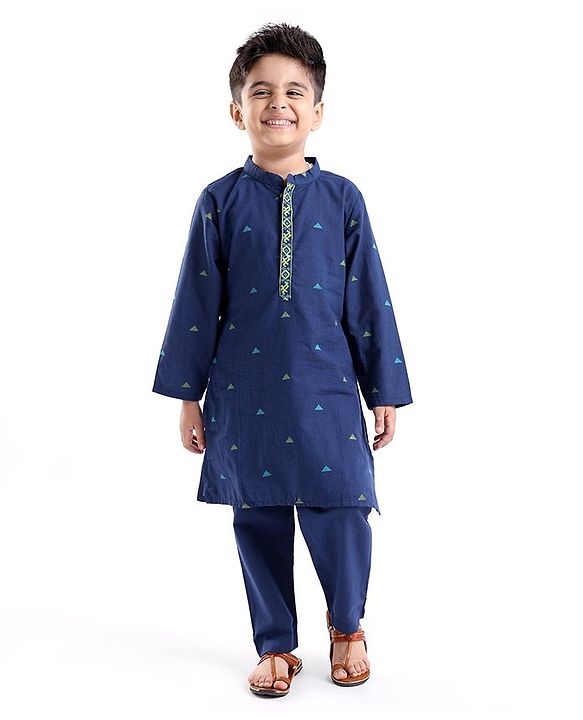 Babyhug Cotton Handloom Full Sleeves Dobby Kurta & Pajama Set Triangles Detailing - Navy Blue