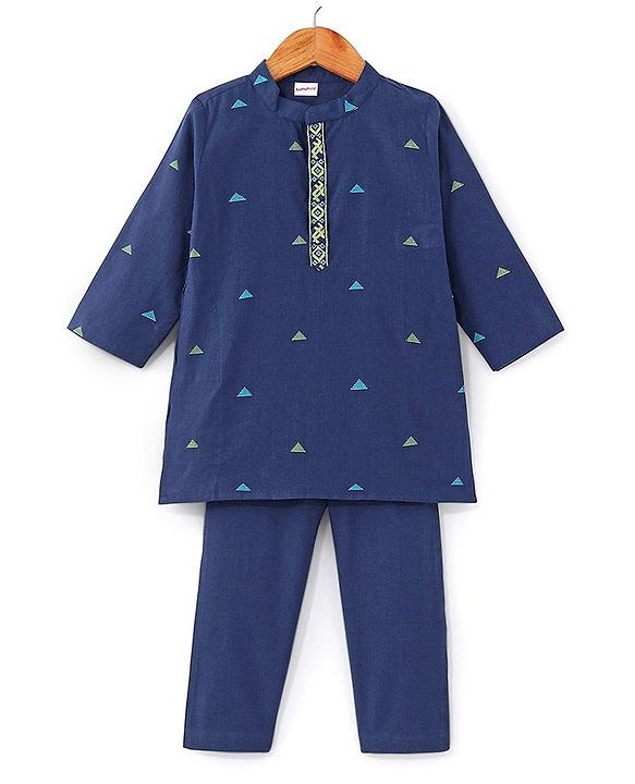 Babyhug Cotton Handloom Full Sleeves Dobby Kurta & Pajama Set Triangles Detailing - Navy Blue