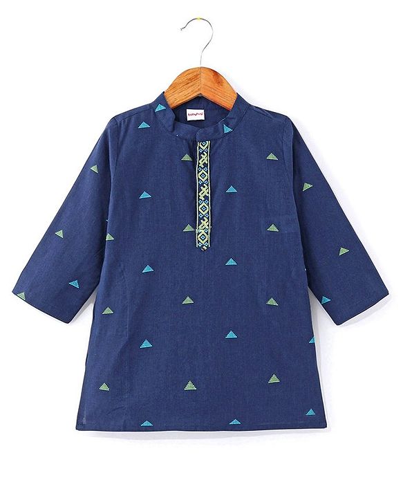 Babyhug Cotton Handloom Full Sleeves Dobby Kurta & Pajama Set Triangles Detailing - Navy Blue
