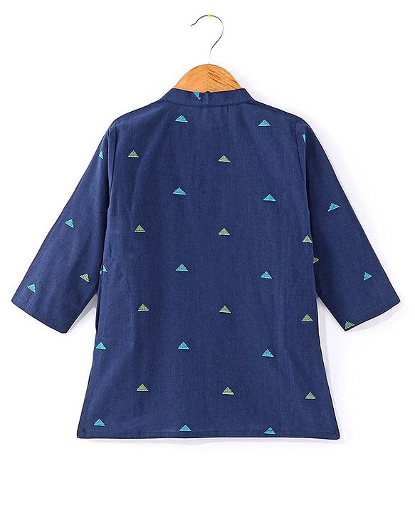 Babyhug Cotton Handloom Full Sleeves Dobby Kurta & Pajama Set Triangles Detailing - Navy Blue