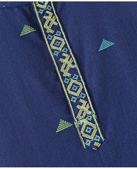 Babyhug Cotton Handloom Full Sleeves Dobby Kurta & Pajama Set Triangles Detailing - Navy Blue