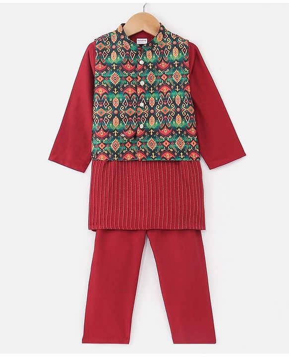 Babyhug Full Sleeves Embroidered Kurta Pyjama Set with Printed Jacket - Maroon