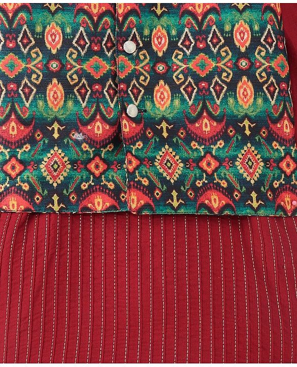 Babyhug Full Sleeves Embroidered Kurta Pyjama Set with Printed Jacket - Maroon