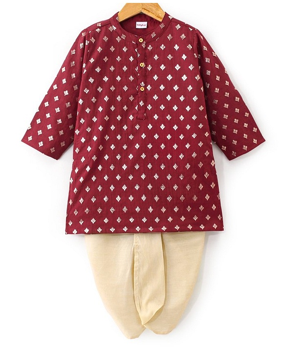 Babyhug Woven Full Sleeves Dhoti with Chanderi Butti Kurta Set - Maroon