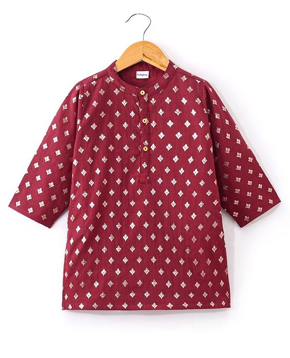Babyhug Woven Full Sleeves Dhoti with Chanderi Butti Kurta Set - Maroon