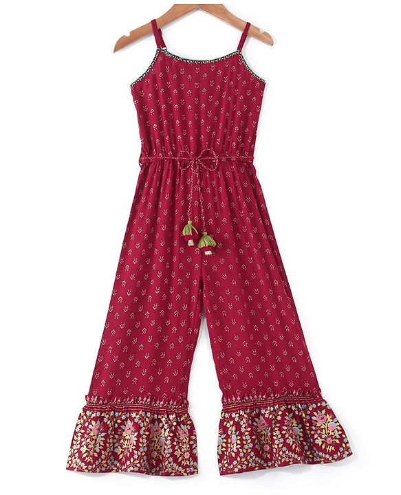 Babyhug  Sleeveless Floral Foil Printed Jumpsuit - Red