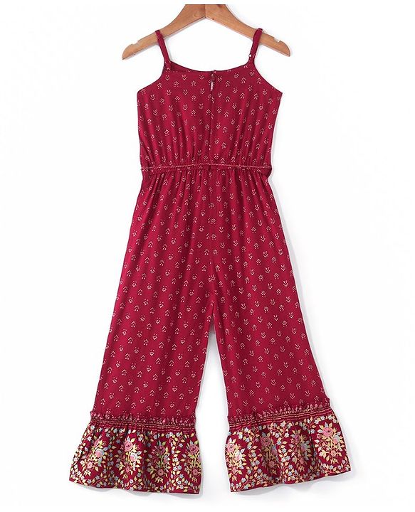 Babyhug  Sleeveless Floral Foil Printed Jumpsuit - Red