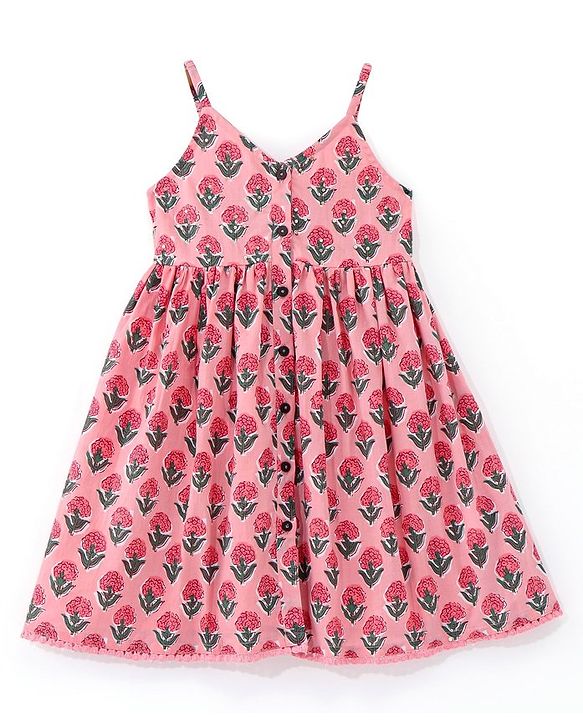 Babyhug Cotton Sleeveless  Ethnic Dress Floral Printed with Sequenced at Yoke  - Pink