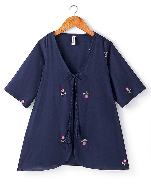 Babyhug Three Fourth Sleeve Rayon Floral Embroidered Ethnic Dress with Shrug - Navy & Fuchsia