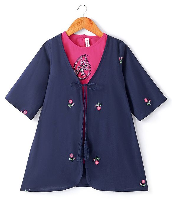 Babyhug Three Fourth Sleeve Rayon Floral Embroidered Ethnic Dress with Shrug - Navy & Fuchsia