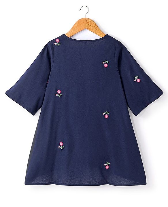 Babyhug Three Fourth Sleeve Rayon Floral Embroidered Ethnic Dress with Shrug - Navy & Fuchsia