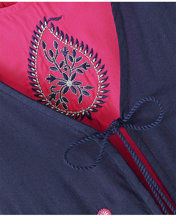 Babyhug Three Fourth Sleeve Rayon Floral Embroidered Ethnic Dress with Shrug - Navy & Fuchsia