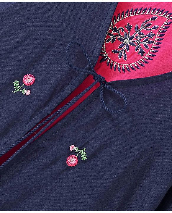 Babyhug Three Fourth Sleeve Rayon Floral Embroidered Ethnic Dress with Shrug - Navy & Fuchsia