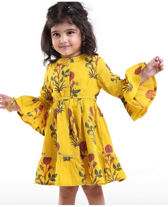 Babyhug 100% Cotton Woven Floral Printed Three Fourth Sleeve Ethnic Dress  - Yellow
