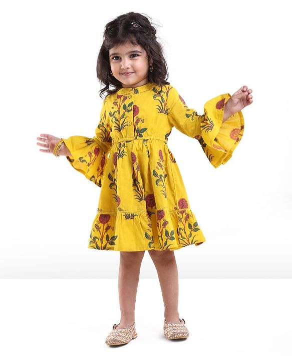 Babyhug 100% Cotton Woven Floral Printed Three Fourth Sleeve Ethnic Dress  - Yellow