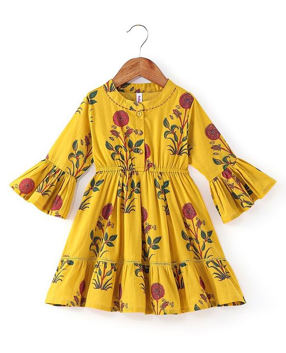 Babyhug 100% Cotton Woven Floral Printed Three Fourth Sleeve Ethnic Dress  - Yellow