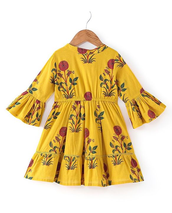 Babyhug 100% Cotton Woven Floral Printed Three Fourth Sleeve Ethnic Dress  - Yellow