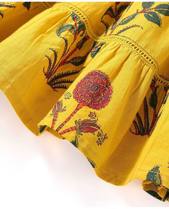 Babyhug 100% Cotton Woven Floral Printed Three Fourth Sleeve Ethnic Dress  - Yellow