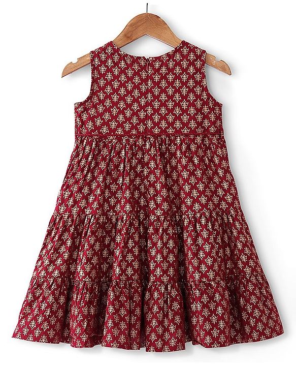 Babyhug 100% Cotton Woven Sleeveless Floral Printed Ethnic Dress -Maroon