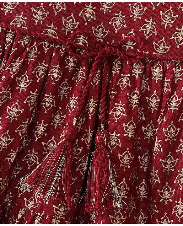 Babyhug 100% Cotton Woven Sleeveless Floral Printed Ethnic Dress -Maroon