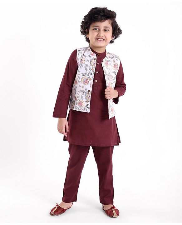Babyhug 100% Cotton Full Sleeves Woven Solid Colour Kurta Pyjama Set with Floral Printed Jacket-  Maroon