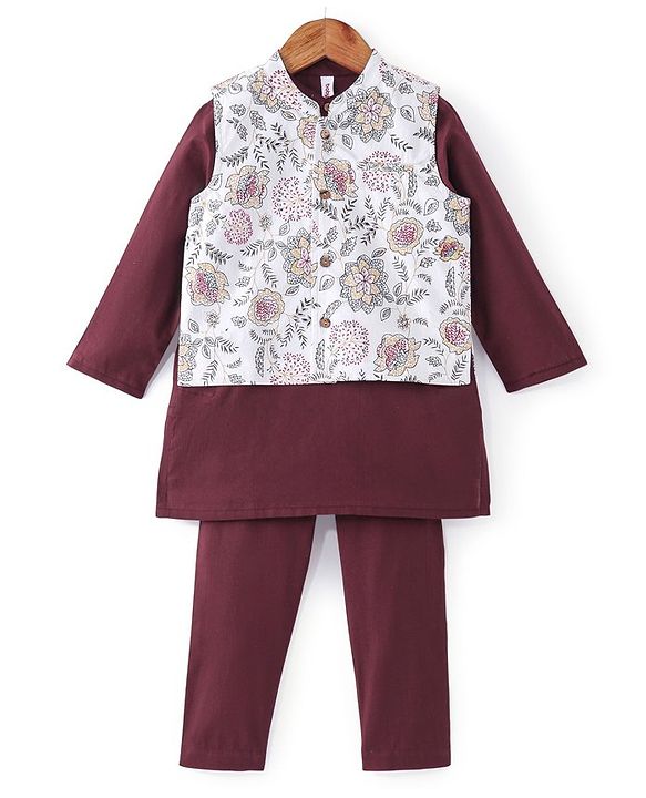 Babyhug 100% Cotton Full Sleeves Woven Solid Colour Kurta Pyjama Set with Floral Printed Jacket-  Maroon