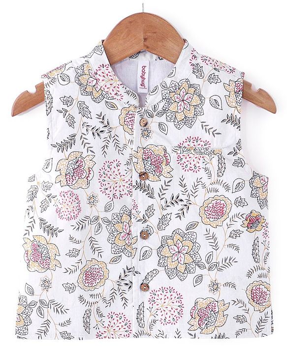 Babyhug 100% Cotton Full Sleeves Woven Solid Colour Kurta Pyjama Set with Floral Printed Jacket-  Maroon