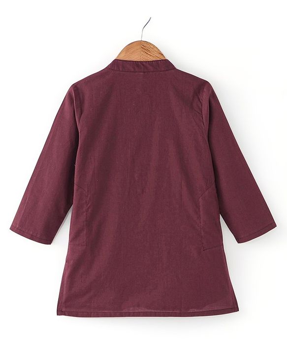Babyhug 100% Cotton Full Sleeves Woven Solid Colour Kurta Pyjama Set with Floral Printed Jacket-  Maroon