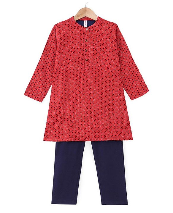 Babyhug Three Full Schiffly Embroidered Kurta With Pyjama Set-Red