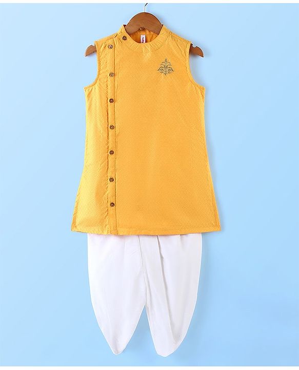 Babyhug Rayon Dobby Sleeveless Kurta & Dhoti Set With Embroidery- Yellow