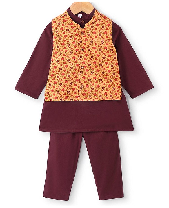 Teentaare Cotton Full Sleeves Kurta & Pajama Set with Jacket Floral Print - Maroon
