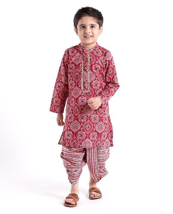 Babyhug Cotton Full Sleeves Ethnic Block Printed Kurta & Dhoti Set  - Red