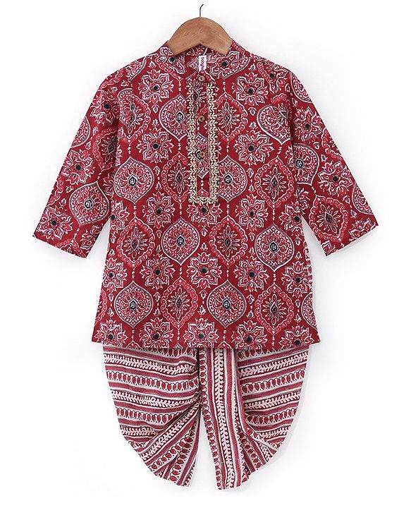 Babyhug Cotton Full Sleeves Ethnic Block Printed Kurta & Dhoti Set  - Red