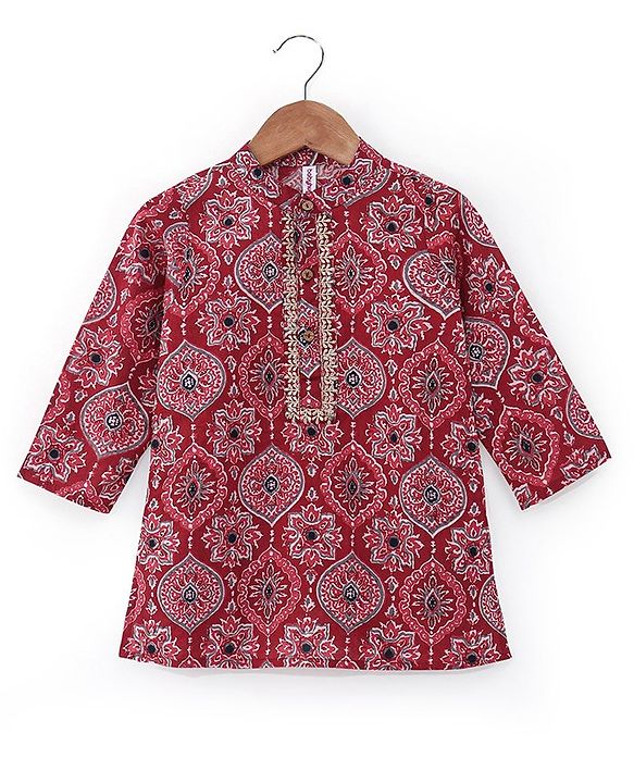 Babyhug Cotton Full Sleeves Ethnic Block Printed Kurta & Dhoti Set  - Red