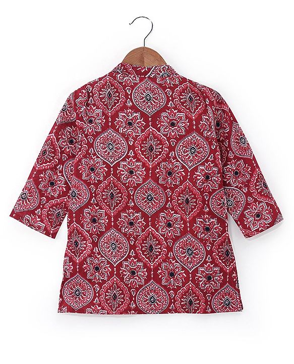 Babyhug Cotton Full Sleeves Ethnic Block Printed Kurta & Dhoti Set  - Red