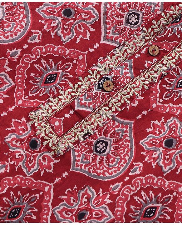 Babyhug Cotton Full Sleeves Ethnic Block Printed Kurta & Dhoti Set  - Red