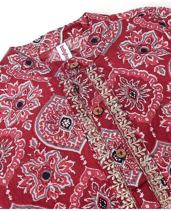 Babyhug Cotton Full Sleeves Ethnic Block Printed Kurta & Dhoti Set  - Red