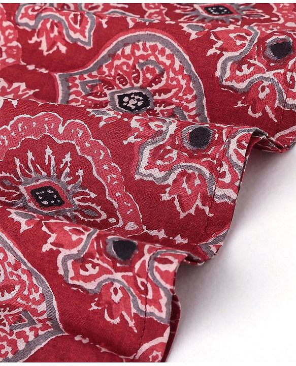Babyhug Cotton Full Sleeves Ethnic Block Printed Kurta & Dhoti Set  - Red