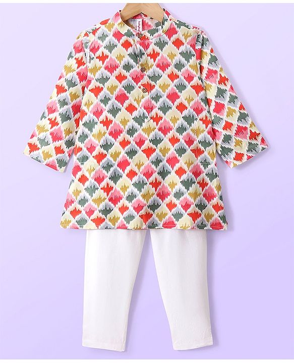 Babyhug Cotton Woven Ikkat Print Full Sleeves Kurta and Pajama Set - Red