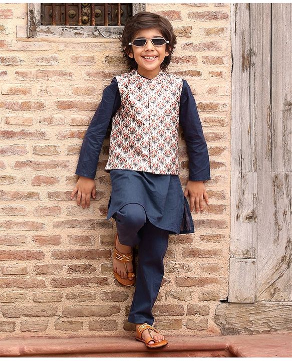 Babyhug Cotton Full Sleeves Solid Kurta & Pyjama Set With Printed Jacket- Navy Blue