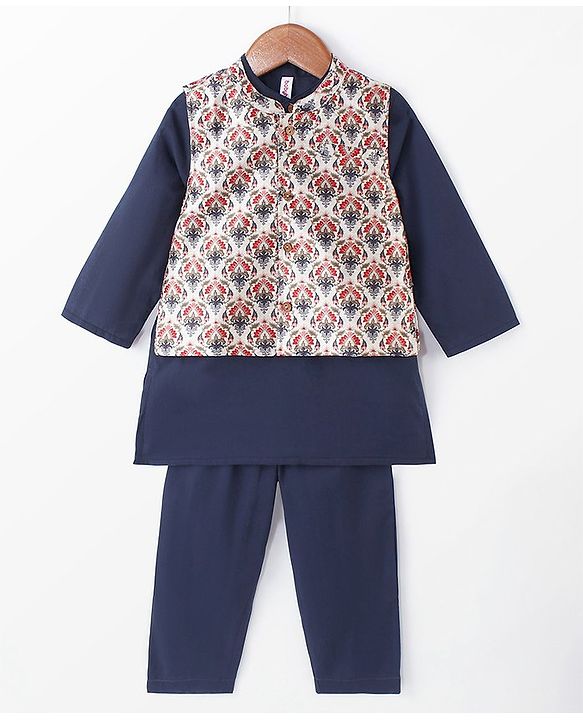 Babyhug Cotton Full Sleeves Solid Kurta & Pyjama Set With Printed Jacket- Navy Blue