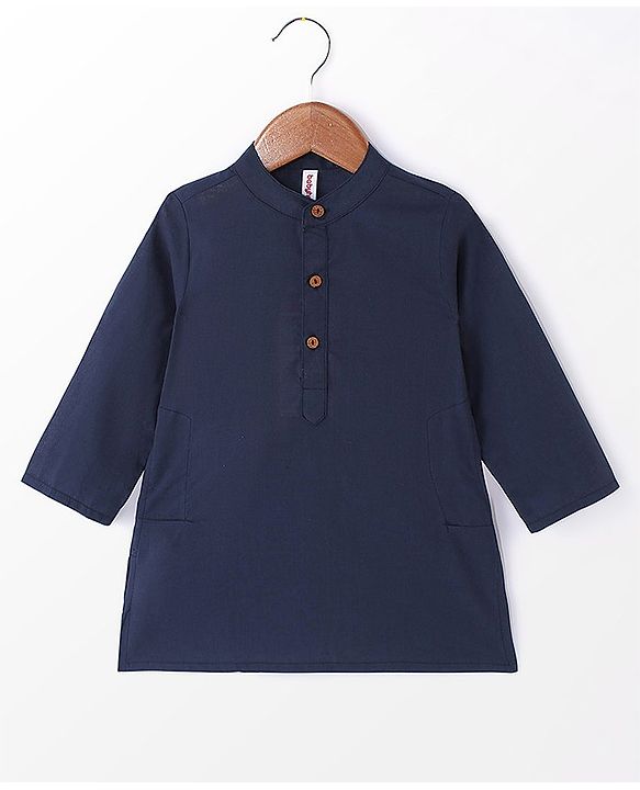 Babyhug Cotton Full Sleeves Solid Kurta & Pyjama Set With Printed Jacket- Navy Blue