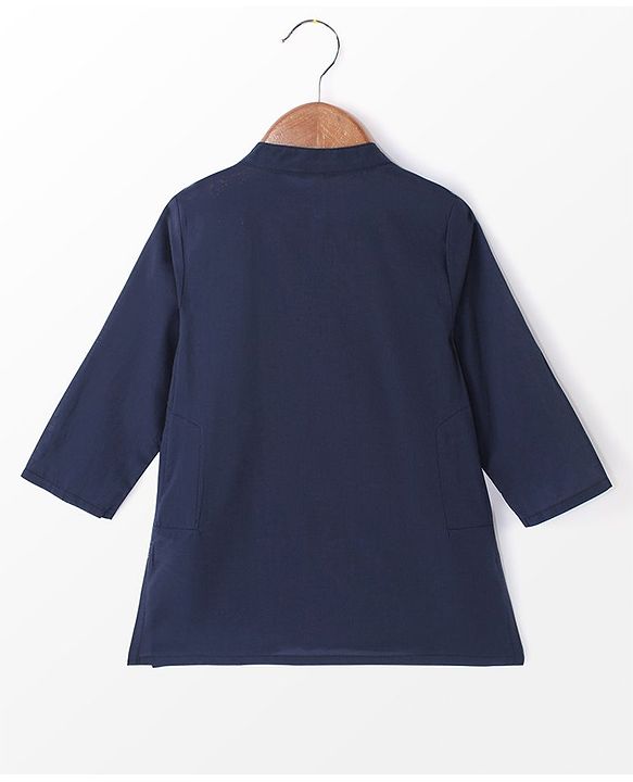 Babyhug Cotton Full Sleeves Solid Kurta & Pyjama Set With Printed Jacket- Navy Blue