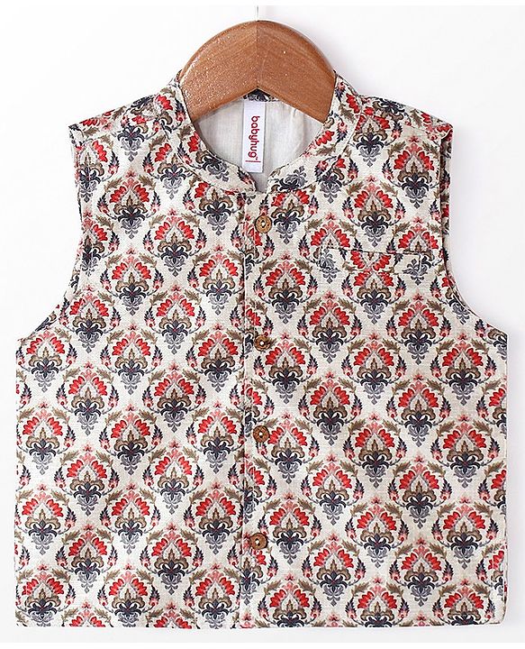 Babyhug Cotton Full Sleeves Solid Kurta & Pyjama Set With Printed Jacket- Navy Blue