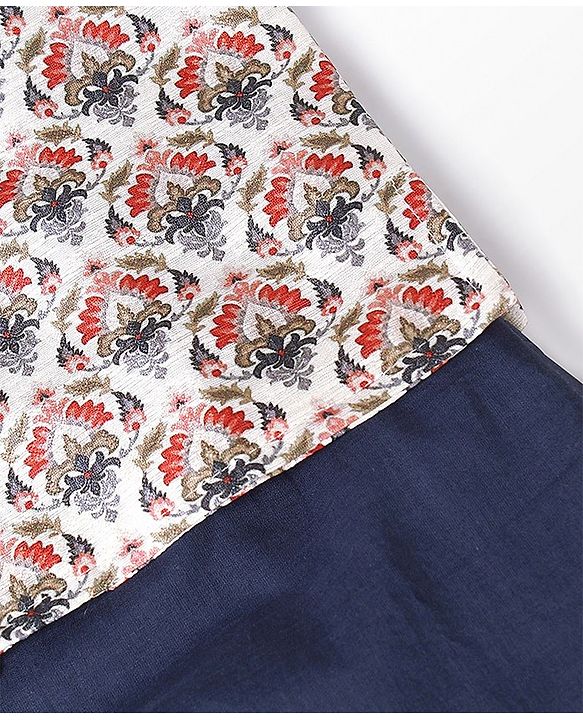 Babyhug Cotton Full Sleeves Solid Kurta & Pyjama Set With Printed Jacket- Navy Blue